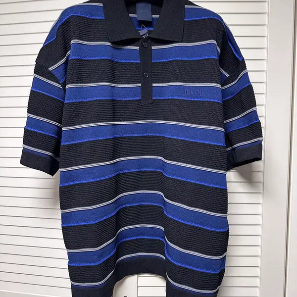 [BUNJANG] Juun.J Striped Ribbed Knit Short Sleeve Shirt Blue / 준지 juunj / 준지 스트라이프 티칼라 니트 숏슬리브 블루