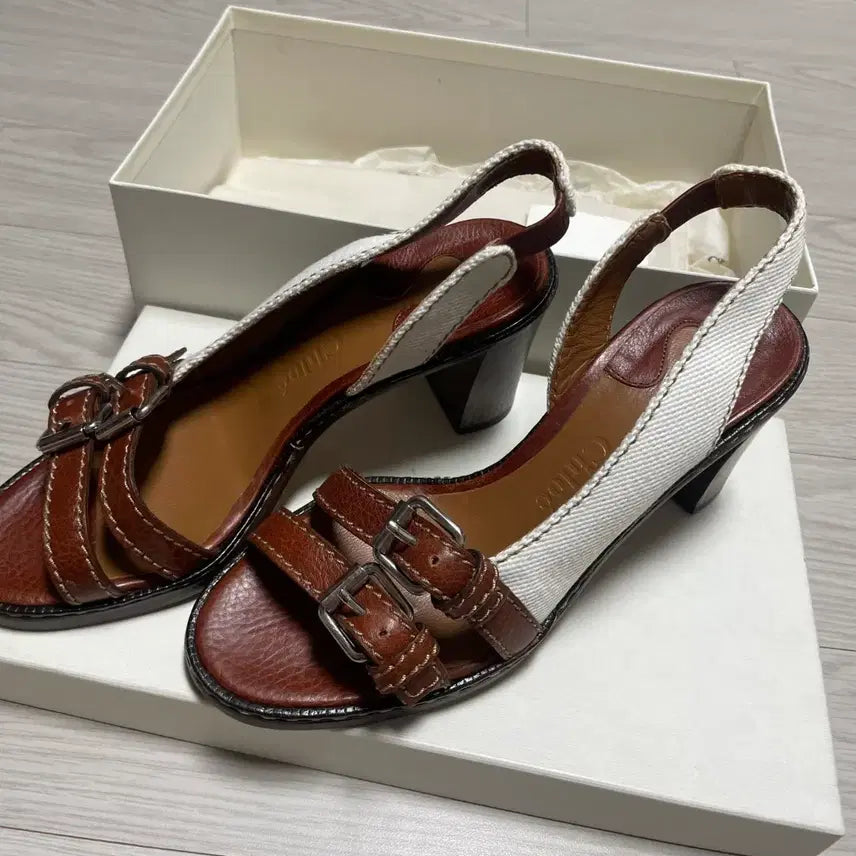 [BUNJANG] Chloé Brown Leather & Canvas Heeled Sandals / 끌로에 브라운 레더 캔버스 힐 샌들 36