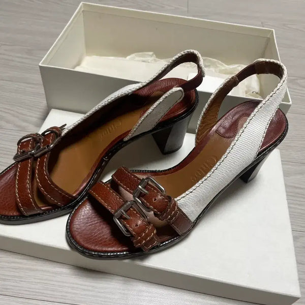 [BUNJANG] Chloé Brown Leather & Canvas Heeled Sandals / 끌로에 브라운 레더 캔버스 힐 샌들 36