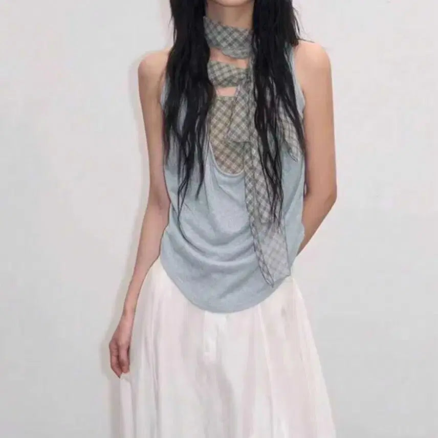 [BUNJANG] Blue Sleeveless Scarf Layered Top / 블루 슬리브리스 스카프 레이어드 탑