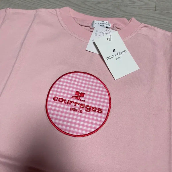 [BUNJANG] Courreges Pink Gingham Check Logo T-Shirt L / Courreges 꾸레쥬 핑크 깅엄 체크 로고 티셔츠 L