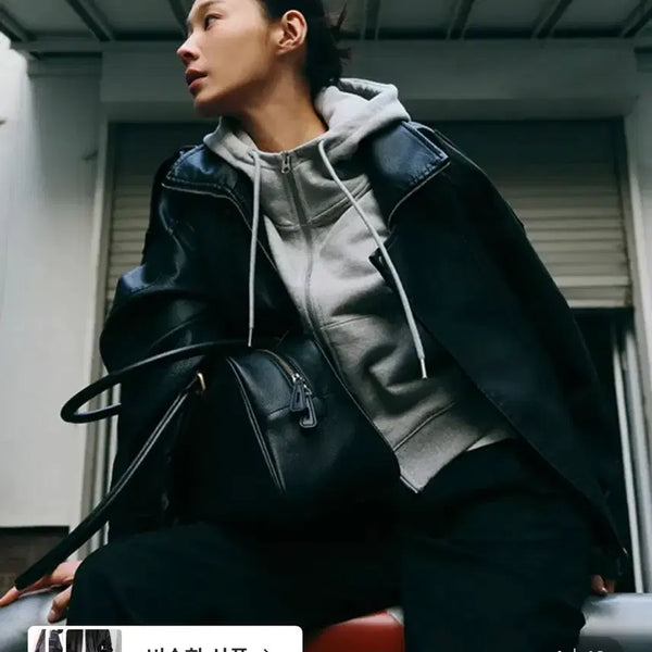 [BUNJANG] Manique Porton Rider Leather Jacket Black / 매니크 포어튼 라이더 가죽 레더 자켓 블랙