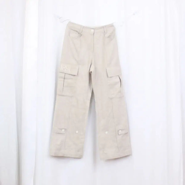 [BUNJANG] Kijun Women's Signature Logo Wide-Fit Cargo Cotton Pants (Beige, Size S) / [정품] 기준(Kijun) 여성 와이드핏 카고 면 바지 팬츠 상상샵
