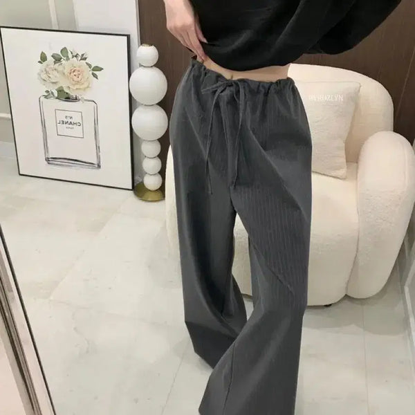 [BUNJANG] Stripe Strap Wide Slacks / 키작녀추천 스트라이프 스트랩 와이드 슬랙스 여성의류
