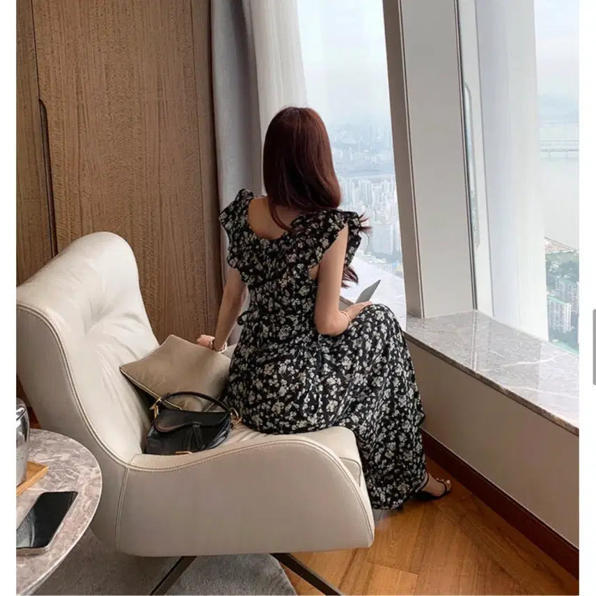 [BUNJANG] Flower Print Long Sleeveless Summer Dress with Frill Collar / 플라워 롱 원피스 프릴 카라 민소매 여름 원피스