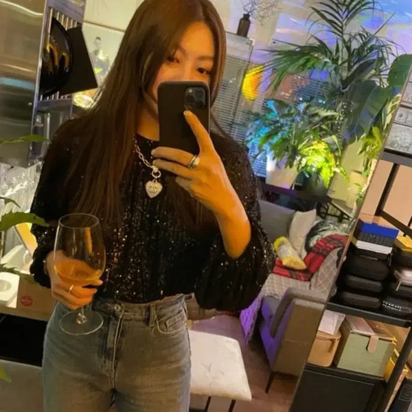 [BUNJANG] H&M Black Sequin Blouse Puff Sleeve / h&m 블랙 시퀸 블라우스 소쟌픽