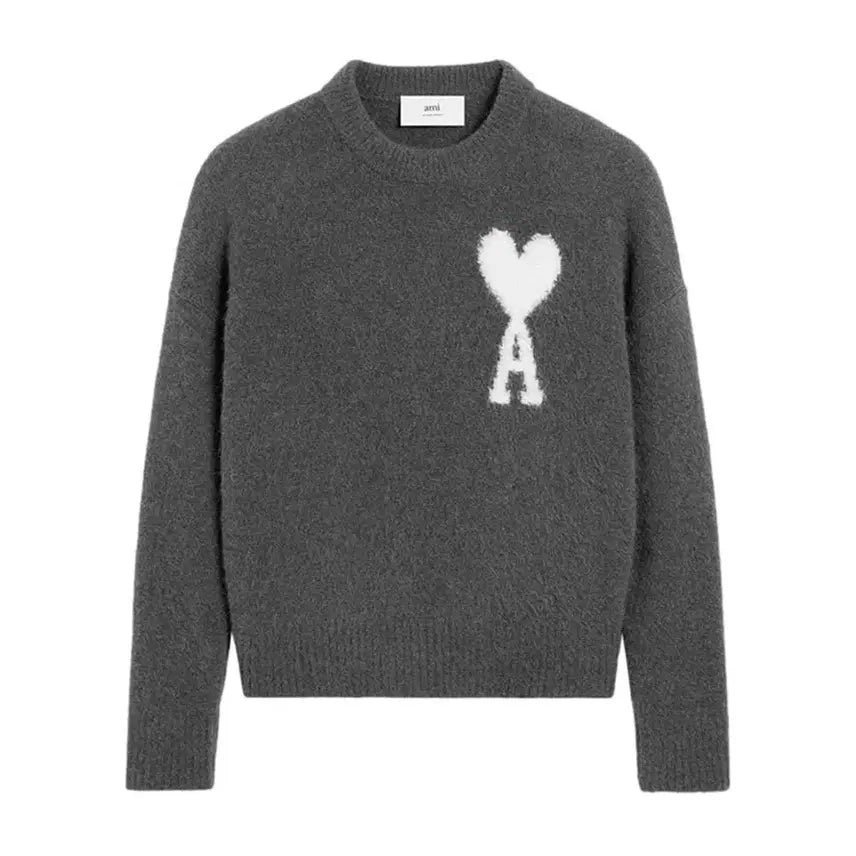 [BUNJANG] Ami Alpaca Crewneck Sweater Intarsia Knit Grey XL / 아미 알파카 크루넥 스웨터 인타르시아 니트 그레이 XL(국내 105)