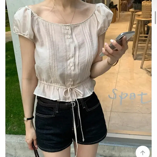 [BUNJANG] Modern Robe Puff Sleeve Frill Blouse White New Arrival / 모던로브 반팔 프릴 블라우스 화이트 새상품