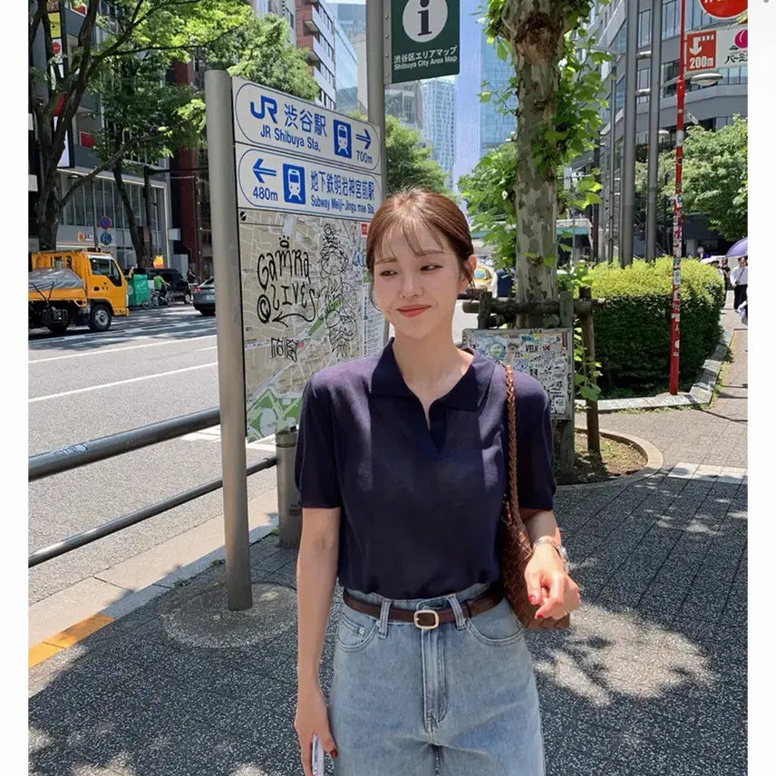 [BUNJANG] Bbippong Unnie Short Sleeve Polo Knit Navy New / 삐뽕언니 반팔 카라 니트 네이비 새상품