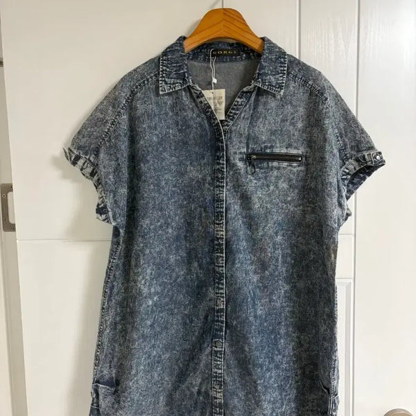 [BUNJANG] Vintage 100% Cotton Denim Short Sleeve Shirt with Tags / (일본 수입 빈티지)반팔 셔츠 청 데님 티셔츠 면100 택있음
