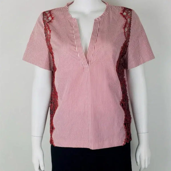 [BUNJANG] Sandro Red Stripe Short Sleeve Lace Blouse / 산드로 레드 스트라이프 레이스 반팔 블라우스