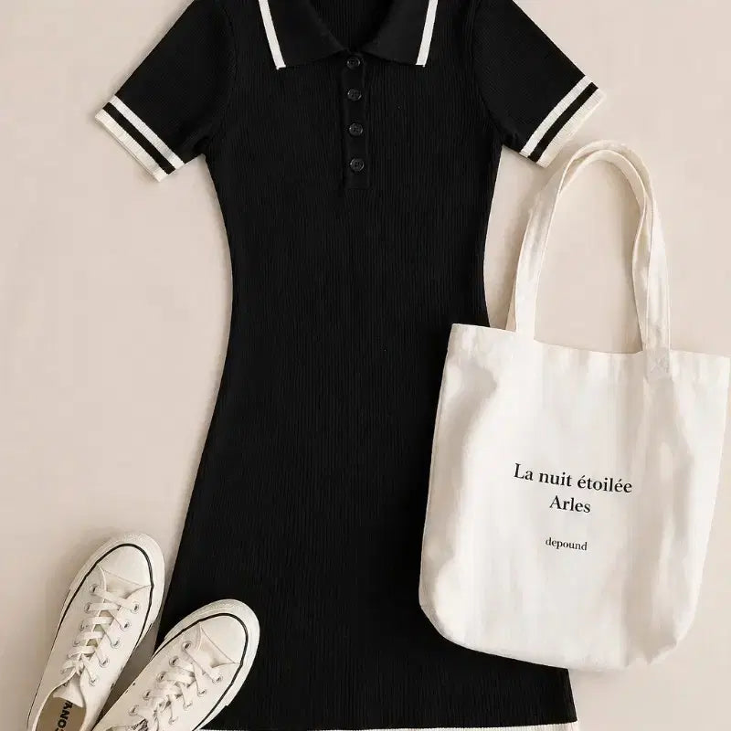 [BUNJANG] Colorblock Collar Ribbed Mini Knit Dress / 배색 카라 골지 미니 니트 원피스 판매합니다