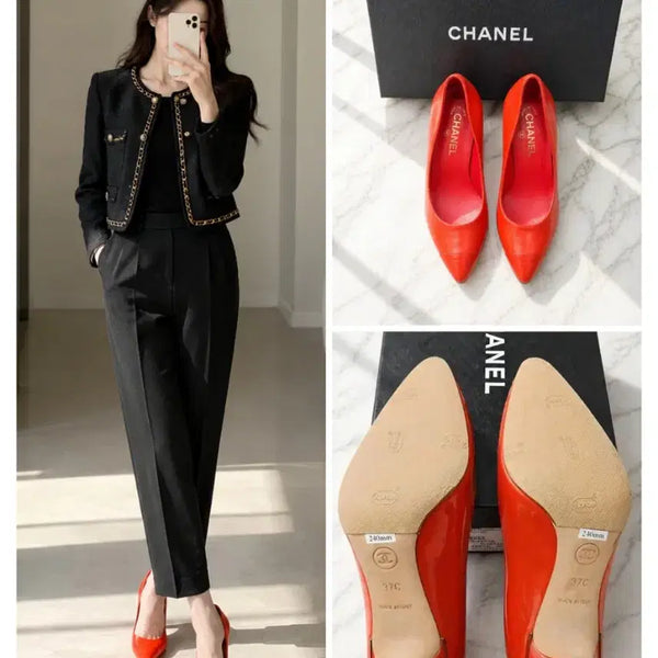 [BUNJANG] Chanel CC Logo Coral Red Patent Leather Pumps Heels Size 37C (240mm) / (정품) 샤넬 CC 로고 힐 펌프스  / 비브람  / 거의 새거라 보셔도