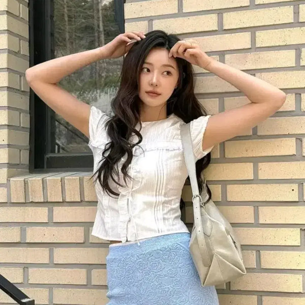 [BUNJANG] Rave Pintuck Ruffle Blouse White Size 1 / 이시안 착용 레이브 핀턱 러플 블라우스 화이트 1사이즈