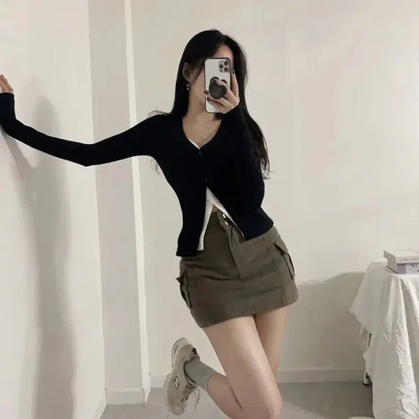 [BUNJANG] Colorblock Layered Ribbed Cardigan T-Shirt / 배색 레이어드 골지 가디건 티