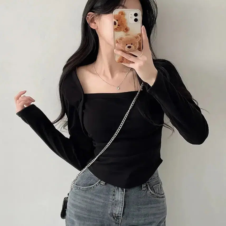 [BUNJANG] Square Neck Shirring Bolero T-Shirt / 에이블리 스퀘어넥 셔링 볼레로 티셔츠