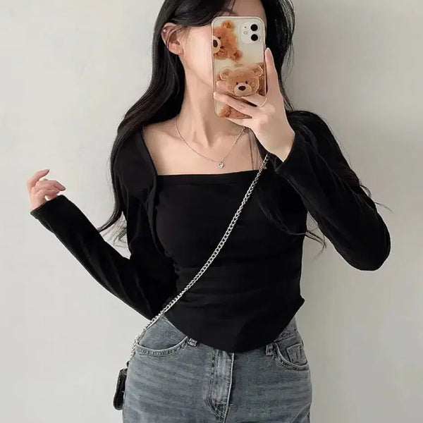 [BUNJANG] Square Neck Shirring Bolero T-Shirt / 에이블리 스퀘어넥 셔링 볼레로 티셔츠