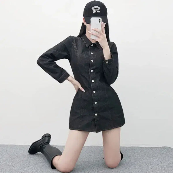 [BUNJANG] Ablley Black Denim Shirt Dress / 에이블리 흑청 데님 셔츠 원피스