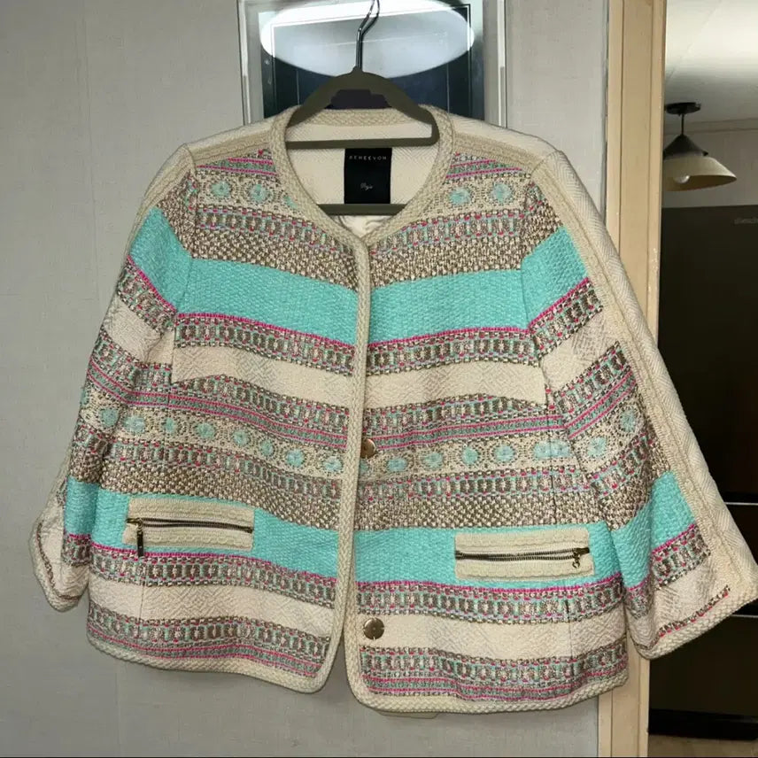 [BUNJANG] RENEEVON Prejeune Tweed 7/8 Sleeve Jacket Mint Blue Ivory / 레니본 쁘레쥬 고급 민트 블루 아이보리 트위드 7부 자켓