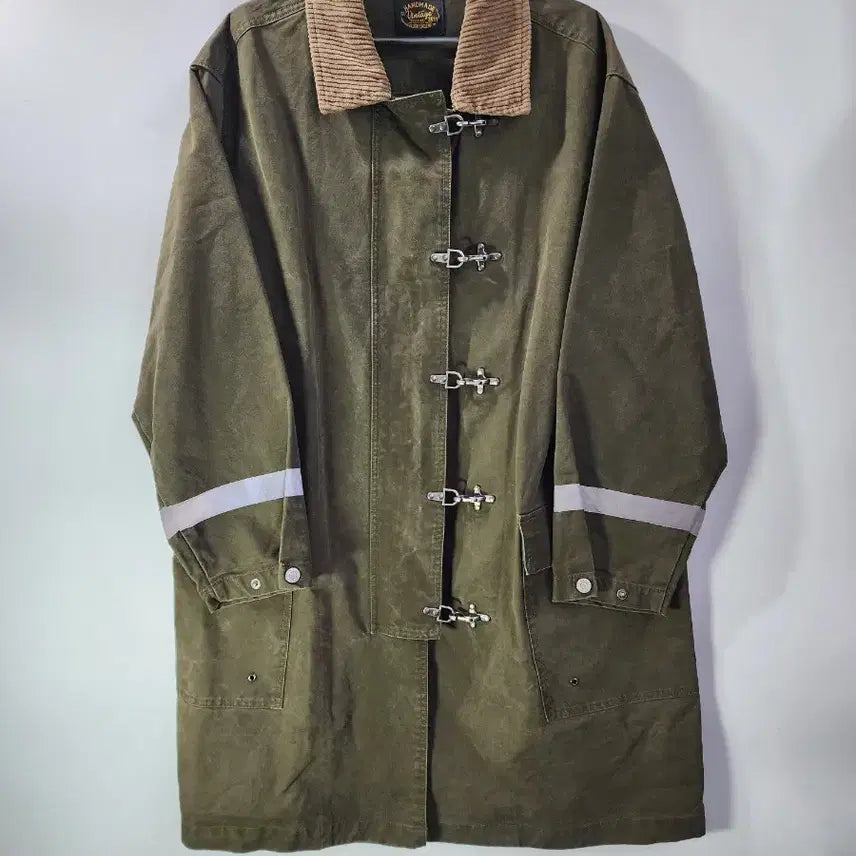 [BUNJANG] Amekaji-Wear Handmade Vintage Fireman Clasp Long Coat Olive / [L] 아메카지 빈티지 워크웨어 파이어맨 클래스프 롱코트 올리브 8.5
