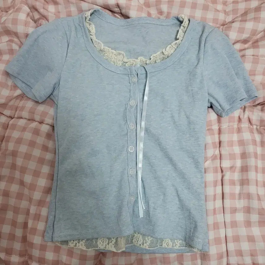 [BUNJANG] Blue Lace Layered Short Sleeve Cardigan / 소라 레이스 레이어드 반팔 가디건 (M~S)