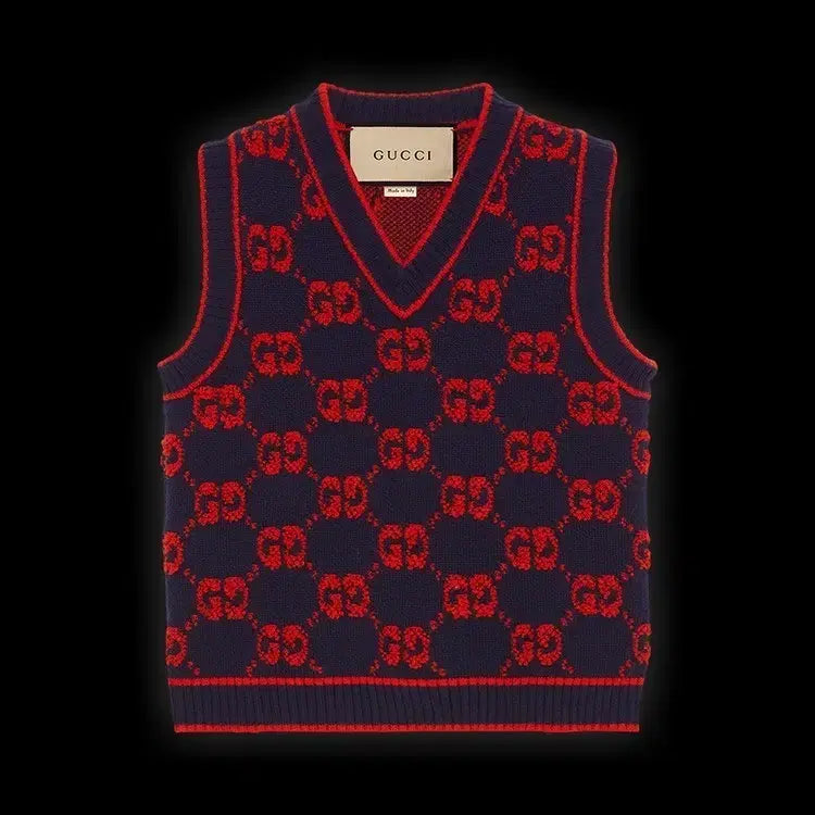 [BUNJANG] Gucci GG Pattern Knit Vest Navy/Red / 구찌 GG 패턴 니트 조끼 네이비/레드