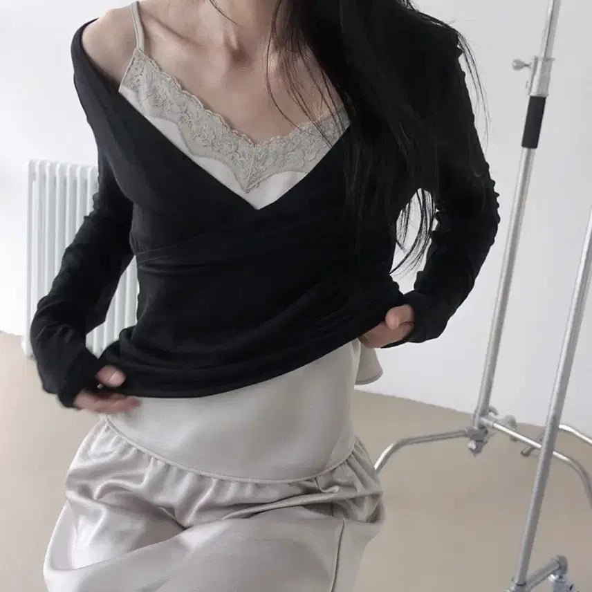 [BUNJANG] Morent Shalome Sheer Tencel Wrap Long Sleeve T-Shirt Black / 모렌트 샬로메 시스루 텐셀 랩 긴소매 티셔츠 블랙