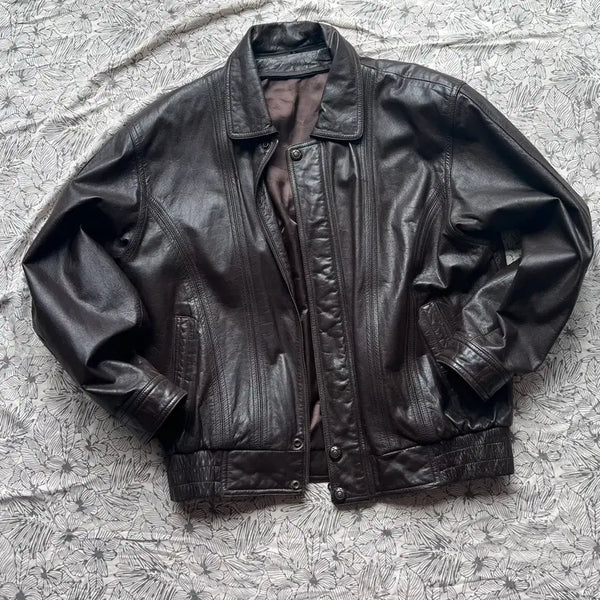 [BUNJANG] Vintage Cowhide Leather Bomber Jacket (Choco Brown) / 초코 브라운 봄버자켓 빈티지가죽 레더자켓 소가죽자켓 에이징가죽