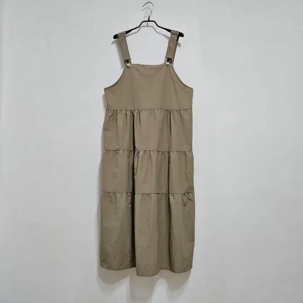[BUNJANG] Khaki Beige Linen Strap Long Dress / 멜빵 바스락 롱원피스