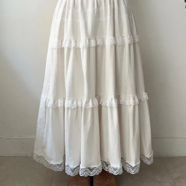 [BUNJANG] Vintage Suede Lace Long Skirt / 모리걸 빈티지 겨울 스웨이드 레이스 롱스커트