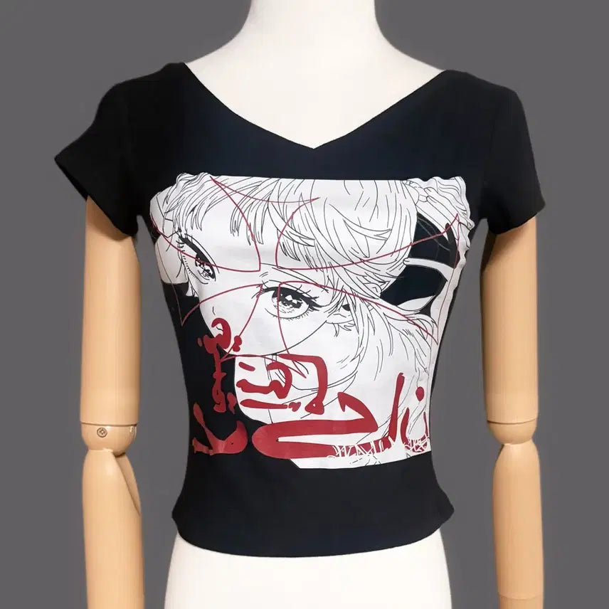 [BUNJANG] Gothic Lolita V-Neck Short Sleeve Black T-Shirt / 일본 오타쿠 애니메이션 고스로리 브이넥 딱붙 블랙 반팔
