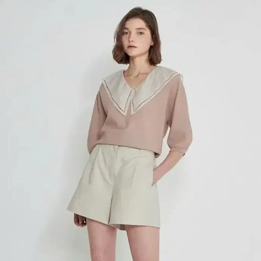 [BUNJANG] System Sailor Lace Big Collar Knit Short Sleeve Summer Puff Top / 22년 한섬 시스템 세일러 레이스 빅카라 니트 반팔5부여름퍼프핑크베이지