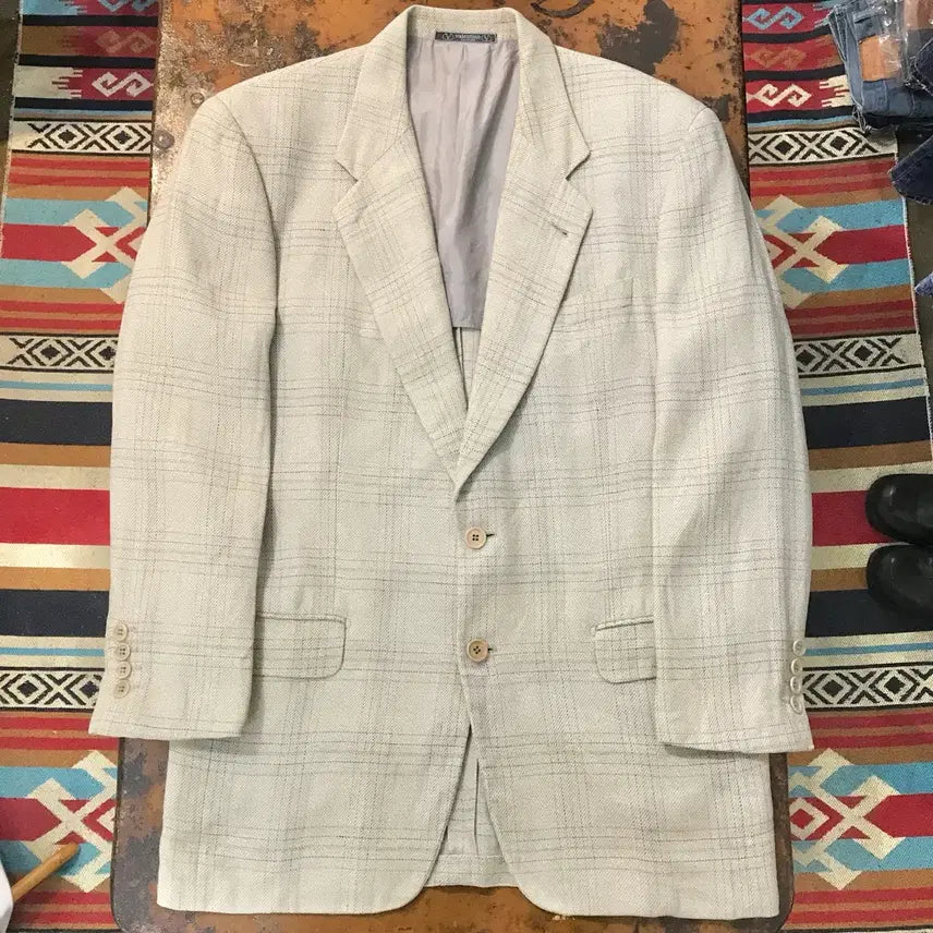 [BUNJANG] Valentino Couture 90s Beige Check Linen Blend Blazer Jacket (Men's 105) / 90s 발렌티노 꾸뛰르 베이지 체크 린넨 블레이저 자켓 남성 105