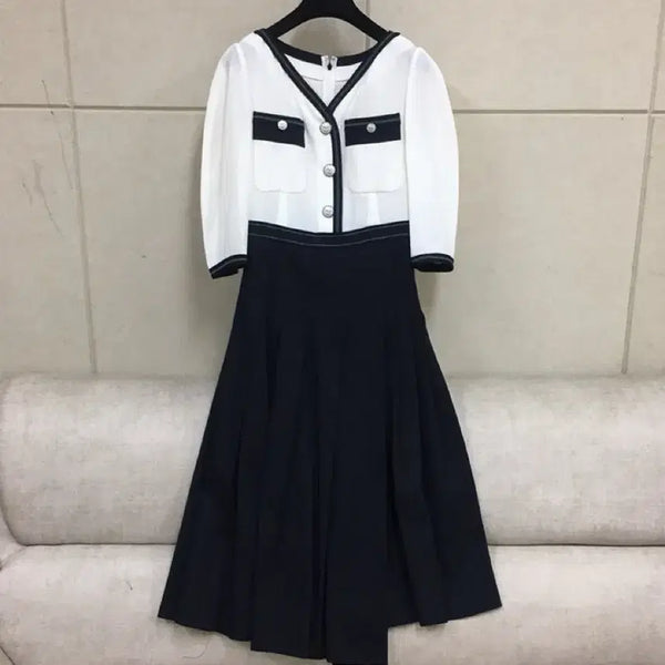 [BUNJANG] 22FW The Handsome Objet Color-Block Pleated Long Dress Black/Navy / 22년/한섬 오브제 정품 배색 플리츠 롱원피스 블랙/화이트