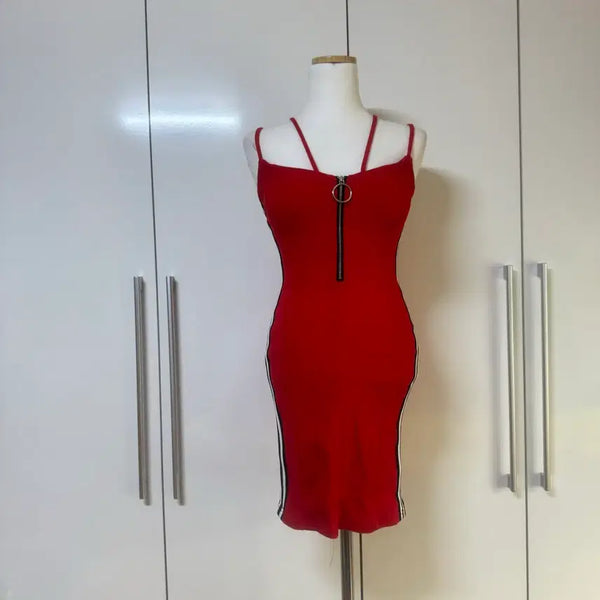 [BUNJANG] Sporty Two-Line Zipper Ribbed Tank Mini Dress Red / 스포티 두줄 지퍼 골지 나시 미니 원피스 레드 캡내장