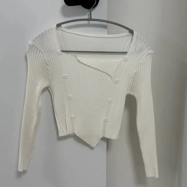 [BUNJANG] White Cropped Ribbed Knit Top / 화이트 크롭 니트 골지티