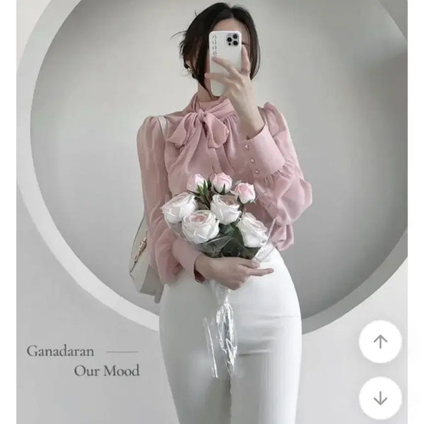 [BUNJANG] Feminine Mood Scarf Tie Puff Chiffon Long Sleeve Blouse / 에이블리 페미닌무드 하객룩 스카프 타이 퍼프 쉬폰 긴팔 블라우스