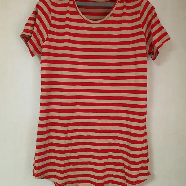 [BUNJANG] Women's Red Stripe Short Sleeve T-Shirt / 여성 레드 스트라이프 반팔티