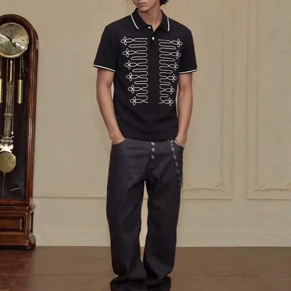 [BUNJANG] Black Napoleon Collar Embroidered Short Sleeve T-Shirt / BAROQUE GALLERIA 나폴레옹 카라 자수 반팔티