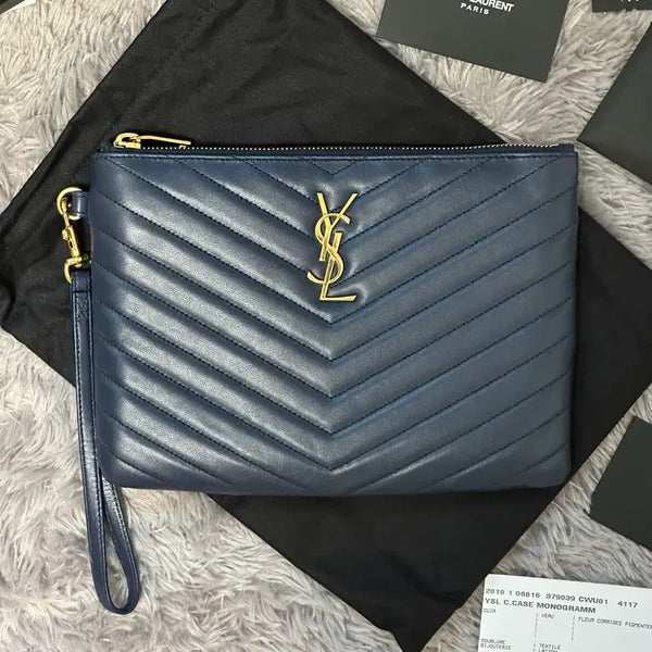 [BUNJANG] Yves Saint Laurent Matelassé Clutch Navy Small / [풀구성] 입생로랑 마틀라세 클러치 네이비 스몰