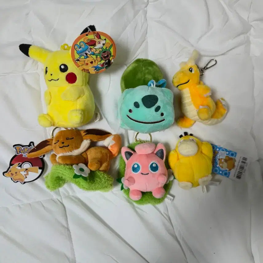 [BUNJANG] Pikachu, Slowpoke, Bulbasaur, Eevee, Jigglypuff Plush & Keychain Set / 피카츄 인형 고라파덕 키링 이상해씨 열쇠고리 잠자는 이브이 푸린 가방걸이