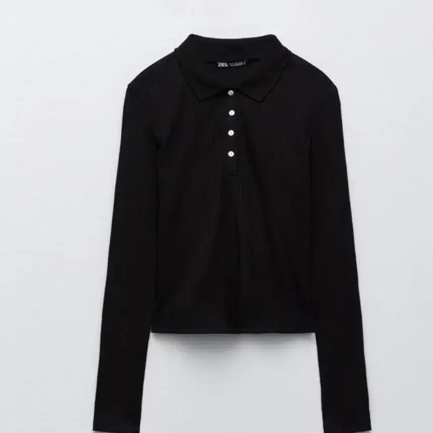 [BUNJANG] ZARA Black Ribbed Long Sleeve Polo T-Shirt / 자라 블랙 골지 긴팔 카라 티셔츠