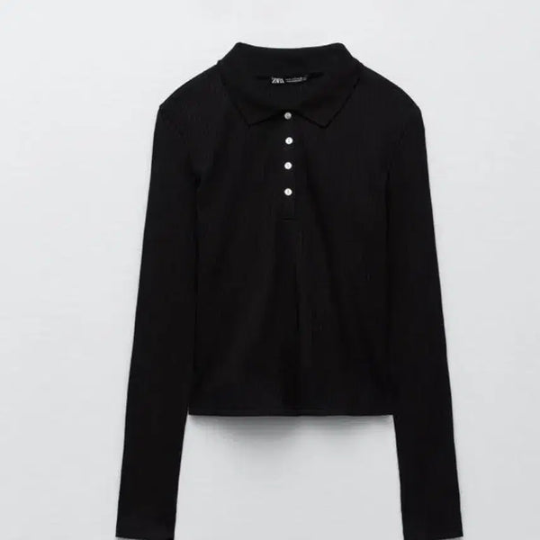 [BUNJANG] ZARA Black Ribbed Long Sleeve Polo T-Shirt / 자라 블랙 골지 긴팔 카라 티셔츠