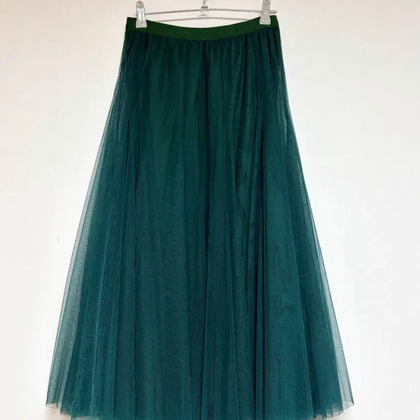 [BUNJANG] Deep Green Tulle Long Skirt with Elastic Waist / 딥그린 샤 롱 스커트 밴딩 플레어