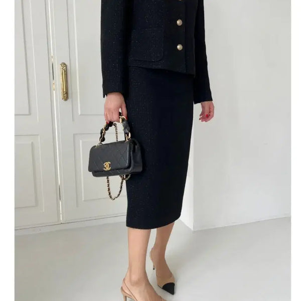 [BUNJANG] Black Tweed Set-up Jacket (Size 55) & Skirt (Size 66) / (새상품) 블랙 트위드 셋업 (자켓 55. 스커트 66)