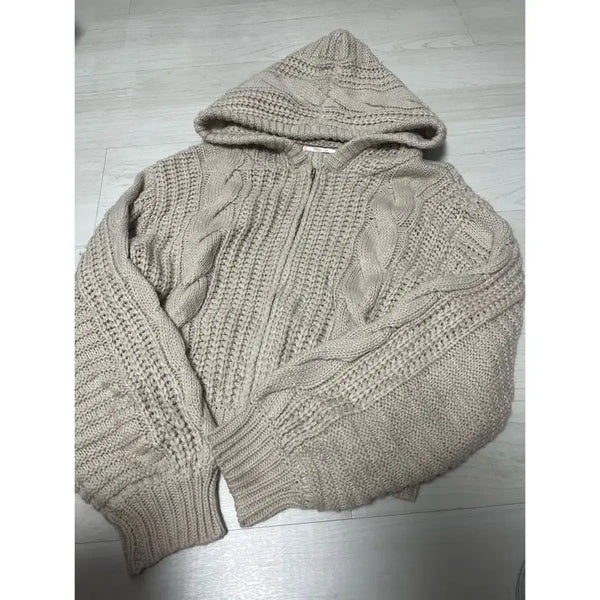[BUNJANG] Mori Girl Knit Hooded Zip-Up Beige Japanese Vintage / 모리걸 니트 후드 집업 베이지 일본빈티지