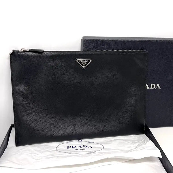 [BUNJANG] Prada Saffiano Triangle Logo Clutch Bag Black / [100%정품] 프라다 사피아노 삼각로고 클러치백 블랙