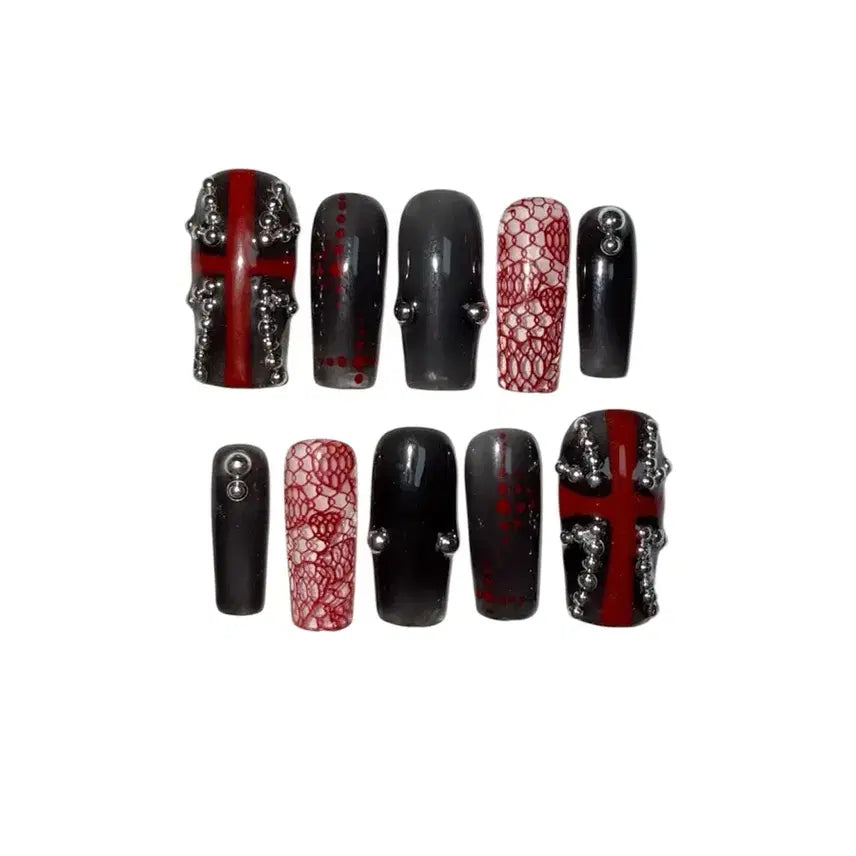 [BUNJANG] Handmade Black Lace Dot Cross Nail Tips / 05. 십자가 레이스 쇠맛 도트 볼참 블랙 시럽 네일팁 수제네일팁