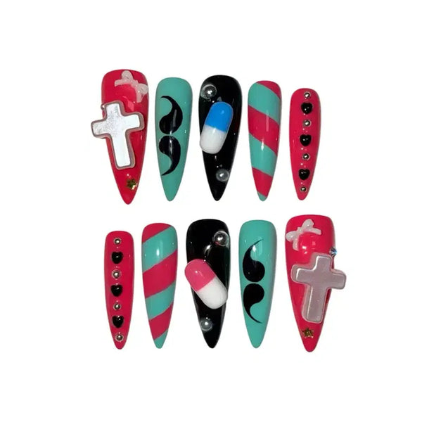 [BUNJANG] Kitsch Y2K Pill Charm Cross Nail Tips / 07. 키치 데코라 십자가 수염 y2k 핫핑크 알약 네일팁 수제네일팁