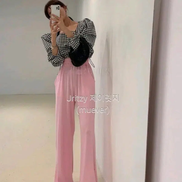 [BUNJANG] YOLO Long Pleated Pants (Pink, Beige) / 욜로 YOLO 유명 도매제품 롱 플리츠 팬츠 (핑크,베이지)